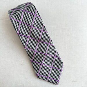 Holland & Sherry Silk Tie 58” Black White Houndstooth Purple Grid